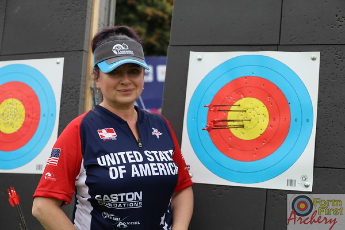 San Jose archery coach Marianna Finkel in her Team USA jersey at a national tournament